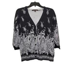 Fever 3/4 Sleeve Black & White Paisley Print Cardigan Sweater Size Med